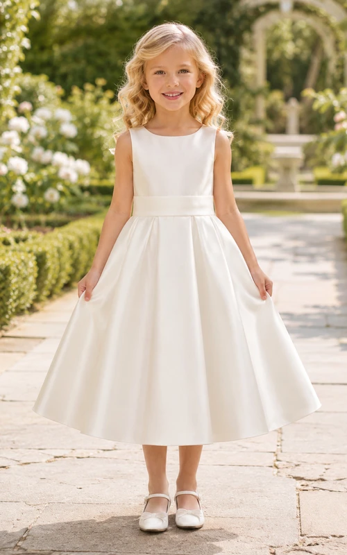 Flower Girl Dress Ivory Satin A-Line Jewel Neck Tea Length Bow Detail