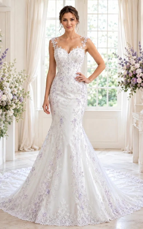 Lavender Lace Mermaid Bridal Dress V-neck Cap Sleeve Cathedral Train