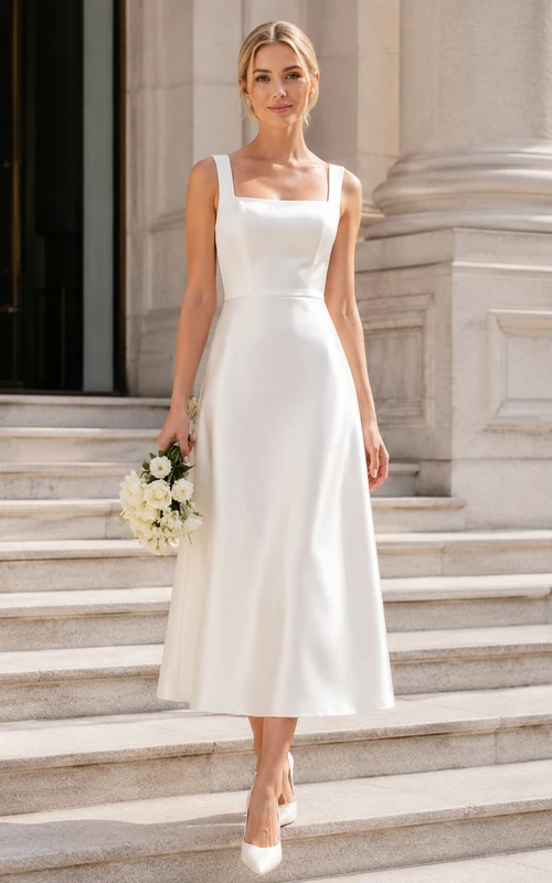 Satin-Brautkleid mit quadratischem Ausschnitt, Midi-A-Linie, im Courthouse-Stil