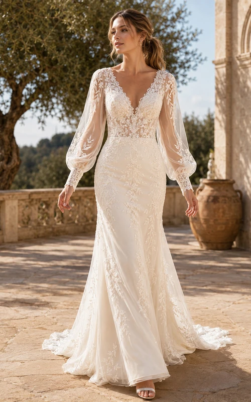 Robe de mariée sirène bohème romantique à manches longues et décolleté en V plongeant en dentelle avec traîne courte