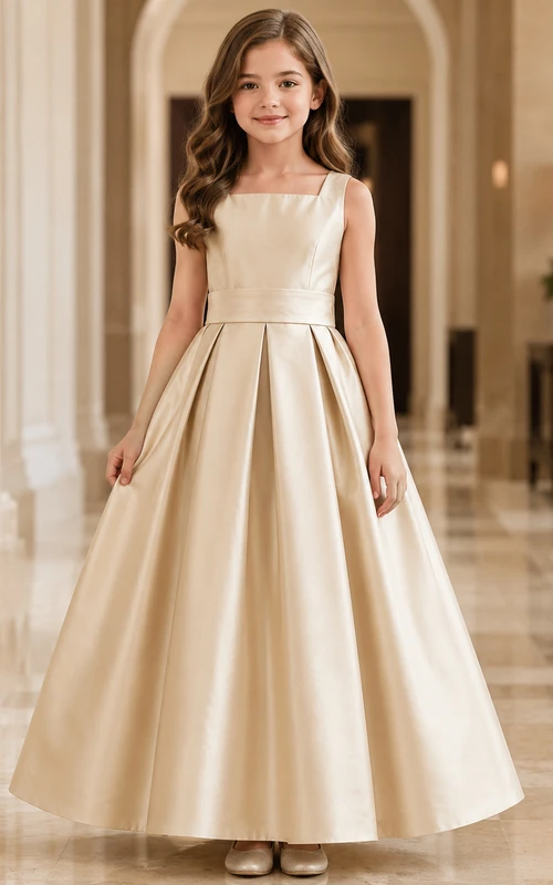 Vestido de niña de flores de satén color champán sin mangas, corte en A, con escote joya y falda larga hasta el suelo con detalle de lazo.