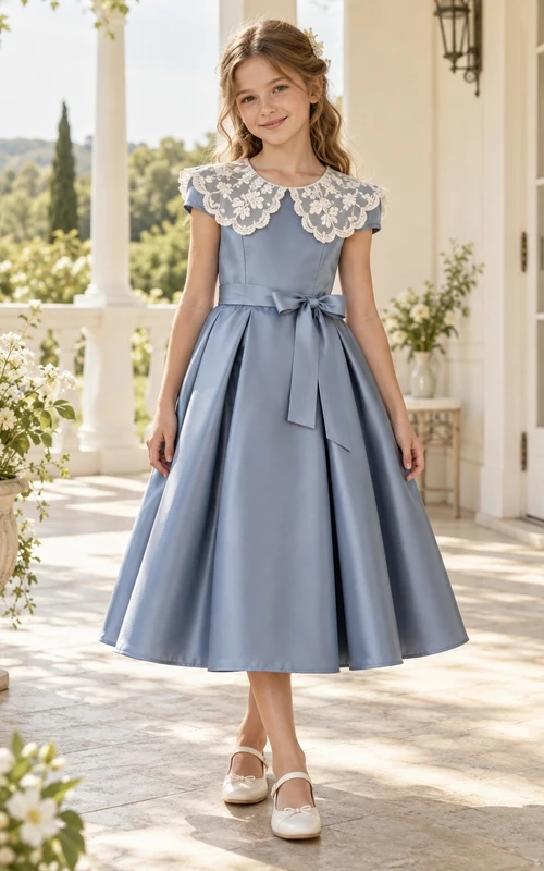 Vintage Tea-length Blue Cap Sleeve Floral Collar Bow Satin Flower Girl Dress
