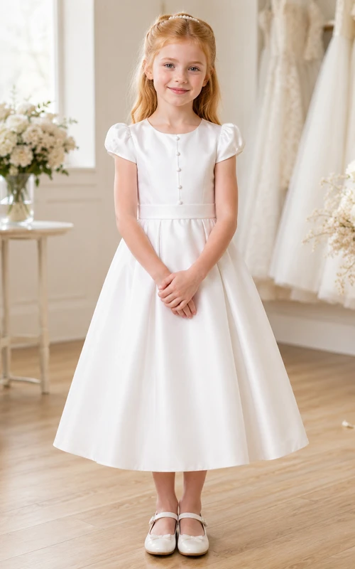 Flower Girl Dress Ivory Satin A-Line Jewel Neck Tea Length Bow Detail