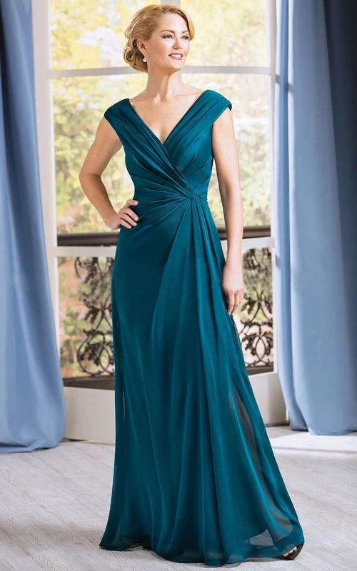 Cap-Sleeved V-Neck Long Gown With Pleats And V-Back