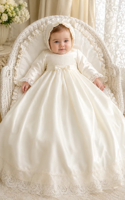 Round Neck Christening Gown A-Line Satin Lace Long Sleeve Floor-Length
