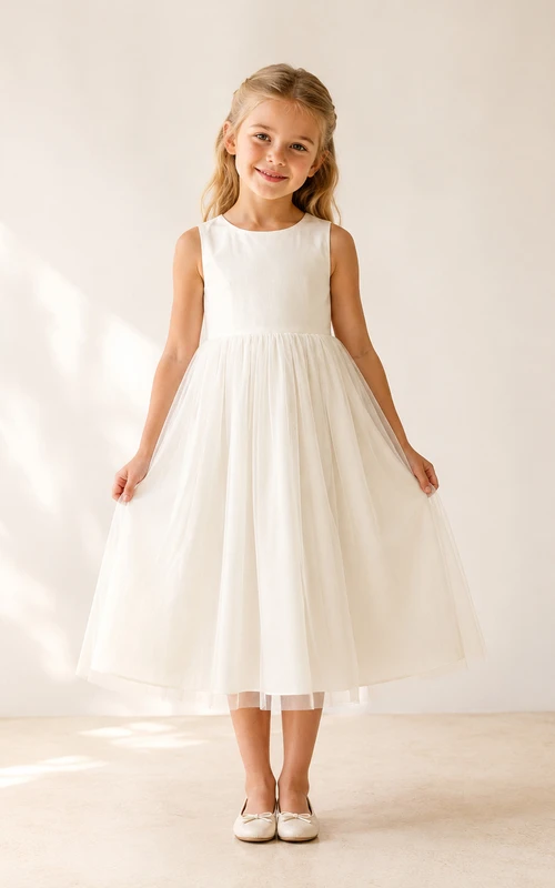 Simple Tulle with Bow Back A-Line Flower Girl Dress with Jewel Neck and Tea-Length Skirt