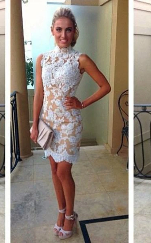 Etui-Kleid mit hohem Kragen, ärmellos, kurzes Spitzenkleid