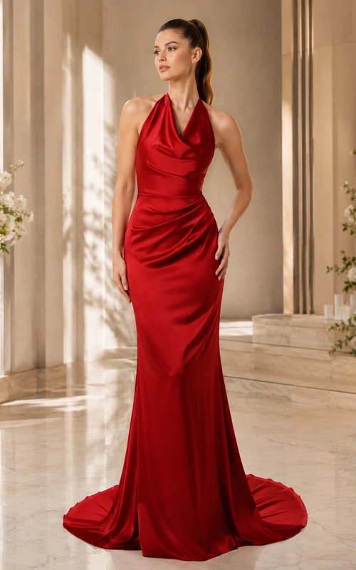 Red Halter Cowl Neck Draped Satin Sheath Wedding Gown