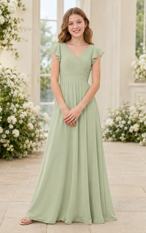 Pistazienfarbenes Brautjungfernkleid für junge Damen, A-Linie, V-Ausschnitt, kurze Ärmel, Rüschen, romantisch, formell