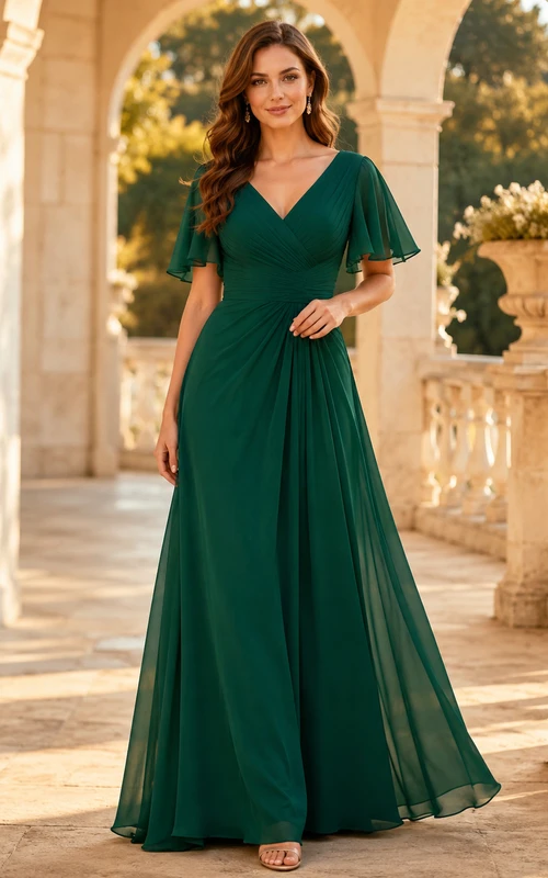 Dunkelgrünes Chiffon-Abendkleid mit V-Ausschnitt und flatternden Ärmeln