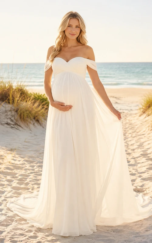 Vestido de novia premamá con hombros descubiertos, sencillo, corte en A, ideal para la playa, con cola fluida.