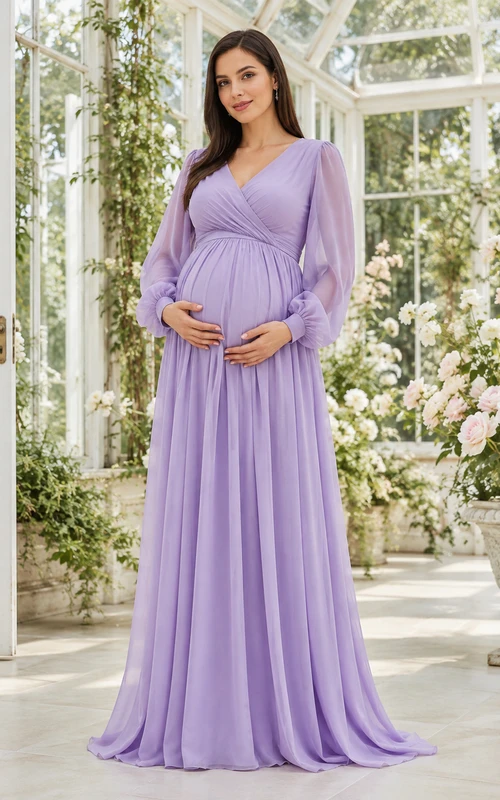 Lavendelfarbenes Chiffon-Umstandsbrautjungfernkleid mit V-Ausschnitt, Poetenärmeln und romantischem Garten-Stil