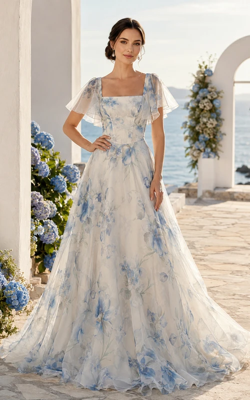 Blaues, florales Organza-Brautkleid mit eckigem Ausschnitt für den Strandlook