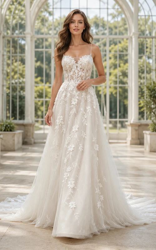 Robe de mariée fluide de luxe, coupe trapèze, en dentelle florale et spaghetti, avec traîne chapelle.