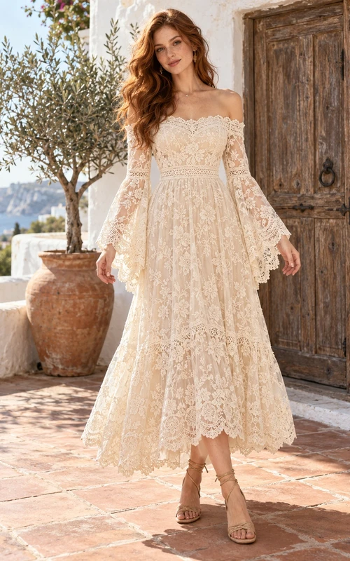 Robe d'invitée bohème à épaules dénudées, manches cloche et dentelle festonnée