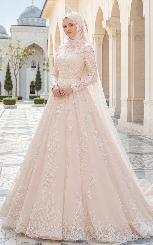 Vestido de novia musulmán modesto de encaje, manga larga, corte en A, con cola de capilla.