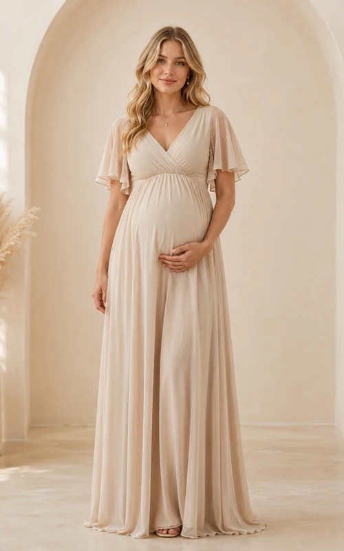 Cremefarbenes Umstandskleid aus Chiffon mit flatternden Ärmeln, V-Ausschnitt, A-Linie und bodenlang, neutral