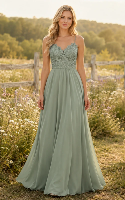 Sage spaghetti strap lace bodice chiffon floor bridesmaid dress