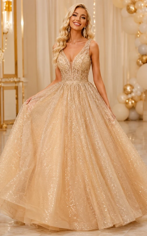 Vestido de fiesta largo hasta el suelo, sin mangas, con escote en V y lentejuelas de tul, color champán.