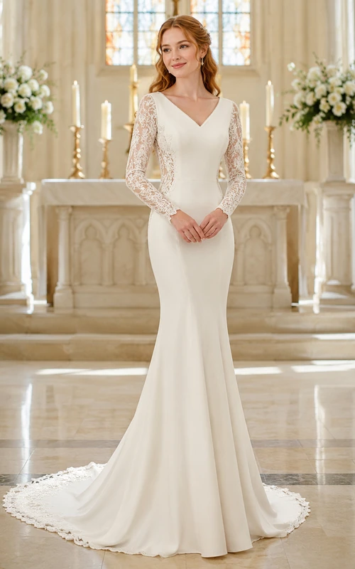 Vestido de novia de estilo sirena con escote en V y mangas de encaje, estilo modesto, para iglesia.