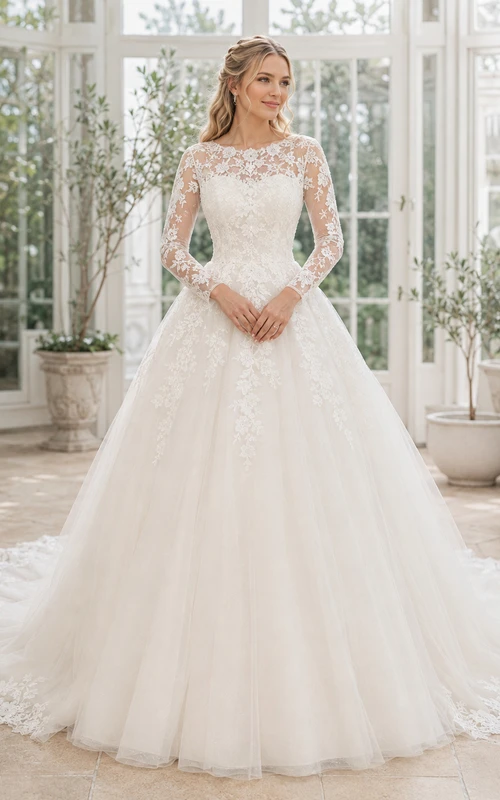 Modest Scoop Long Illusion Lace Sleeve Tulle Ball Gown Chapel Train Wedding Gown