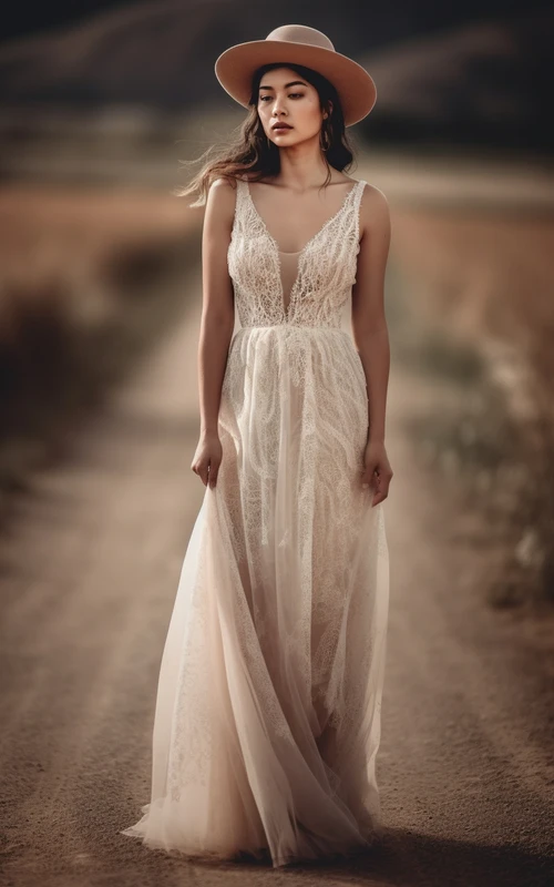 Vestido de novia bohemio campestre de tul con encaje, sin mangas y escote ilusión