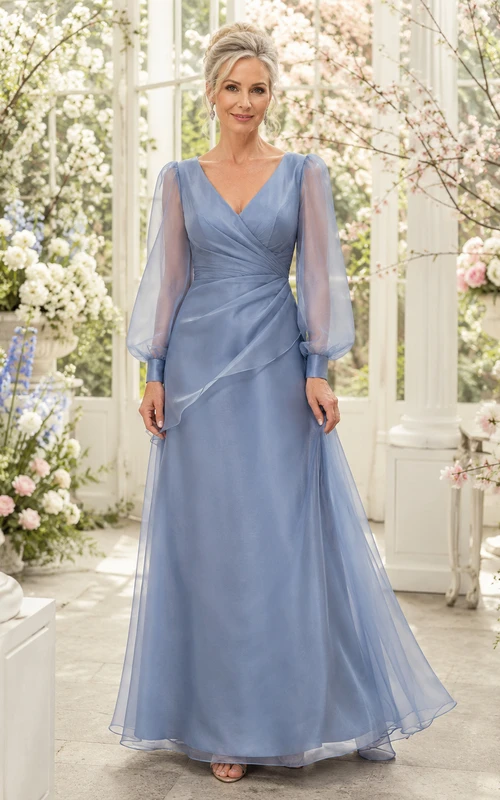 Elegantes, stahlblaues, bodenlanges A-Linien-Frühlingskleid aus drapiertem Organza mit V-Ausschnitt, langen Ballonärmeln und V-Ausschnitt – perfekt für die Mutter der Braut.