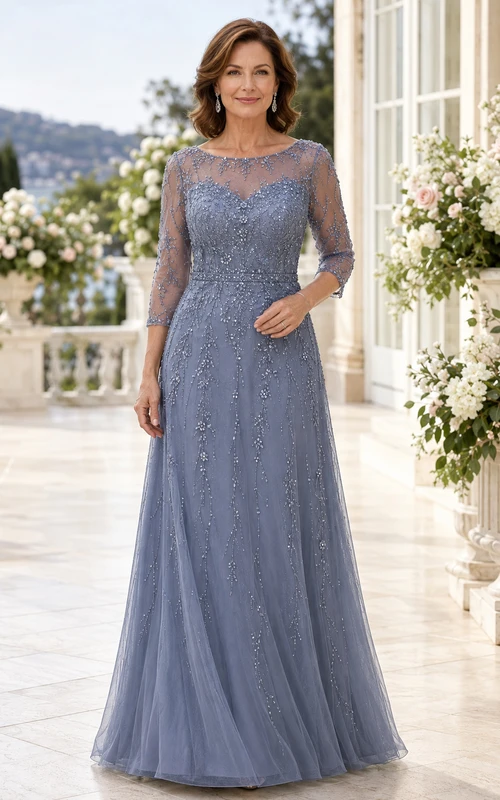 Stahlblaues A-Linien-Kleid aus Chiffon mit U-Boot-Ausschnitt und Spitze