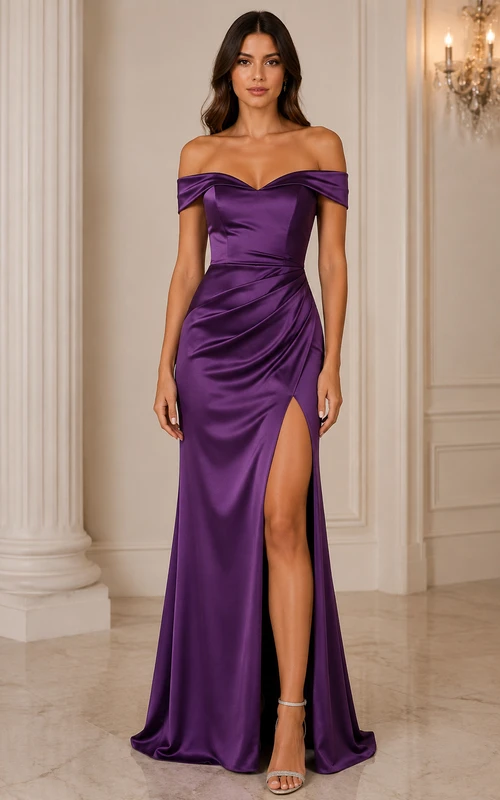 Pflaumenfarbenes, schulterfreies Meerjungfrauen-Abendkleid aus Satin mit Schlitz