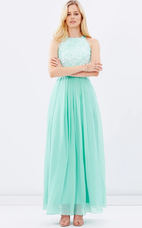 Knöchellanges, ärmelloses Chiffon-Brautjungfernkleid mit Applikationen und Rundhalsausschnitt