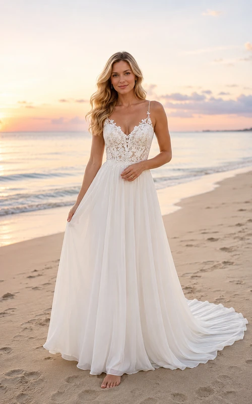 Vestido de novia de corte A con tirantes finos para la playa