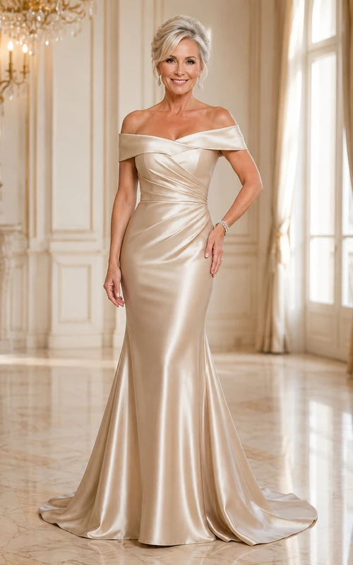 Champagnerfarbenes, schulterfreies Meerjungfrauen-Kleid aus Satin mit Schleppe