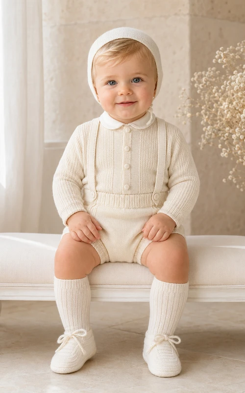 Conjunto de bautizo de punto acanalado color marfil con tirantes y mangas largas para bebé niño.