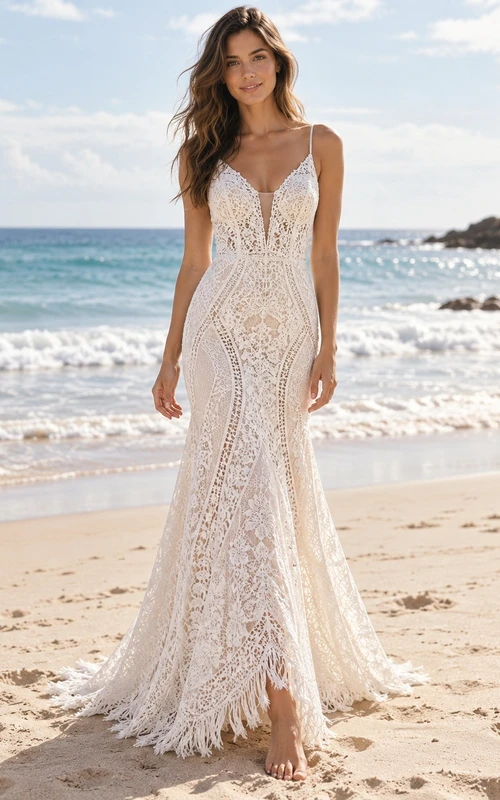 Boho Spaghetti Strap V-Neck Geometric Lace Fringe Wedding Dress