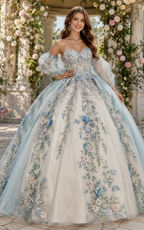 Vestido de princesa de quinceañera con estampado floral, hombros descubiertos y mangas abullonadas, color blanco y azul, estilo Jardín Encantado.