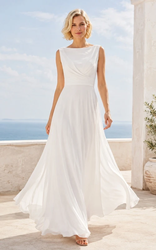 Vestido de noche largo hasta el suelo, sin mangas, de corte A, en jersey elástico blanco con hombros descubiertos y escote barco.