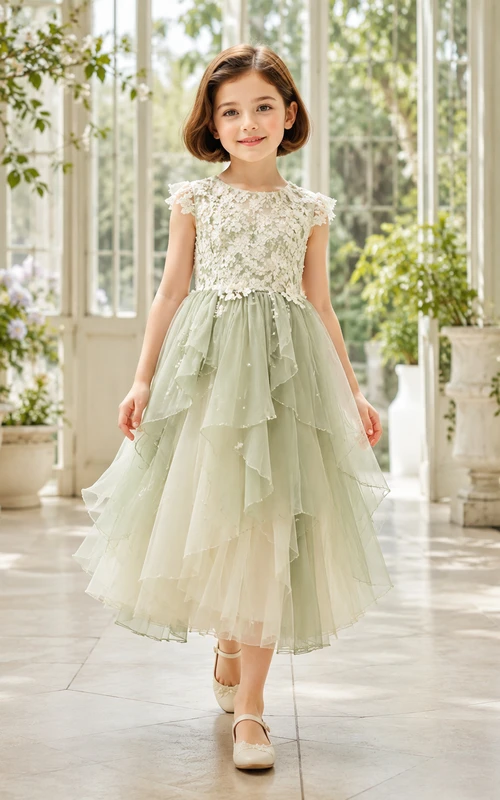 Flower Girl Dress Sage Lace Tulle A-Line Scoop Neck Tea Length Bow Back