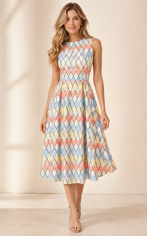 Vestido midi sin mangas de corte A con cuello joya y estampado arlequín en tonos pastel