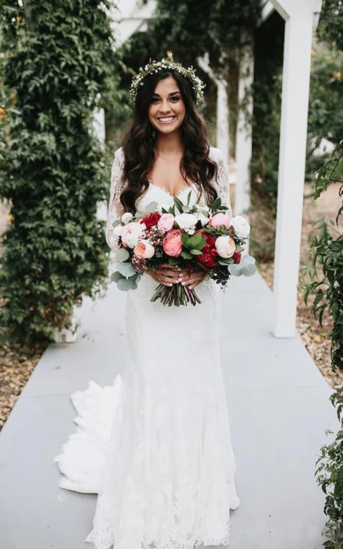 Country Style Sexy Deep V Neck Backless Long Sleeves Lace Court Train Wedding Bridal Gown