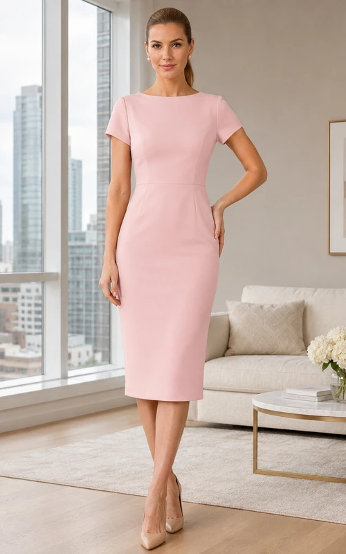 Schlichtes rosa Kurzarm-Etui-Cocktailkleid aus Jersey in Teelänge