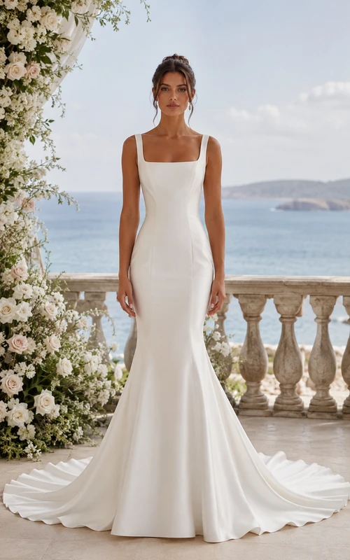 Square Neck Satin Mermaid Wedding Dress with Clean Lines and Sweep Train