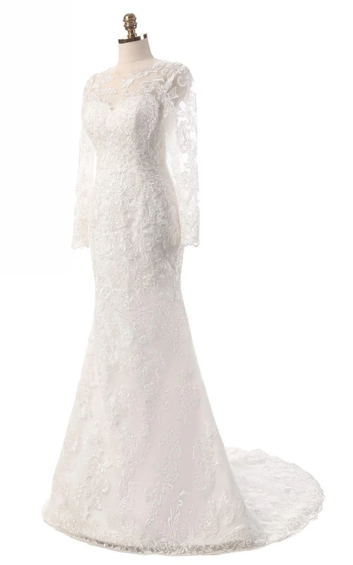 Robe sirène à manches longues en dentelle avec broderies illusion