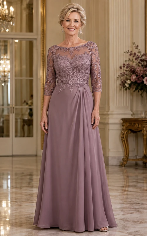 Vestido de madre vintage color malva con encaje ilusión, vestido vintage color malva con escote barco y escote joya, corte en A, largo hasta el suelo.