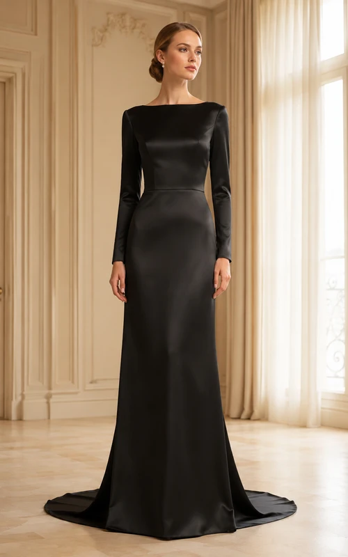 Robe de mariée moderne et pudique en satin noir à manches longues et coupe bateau