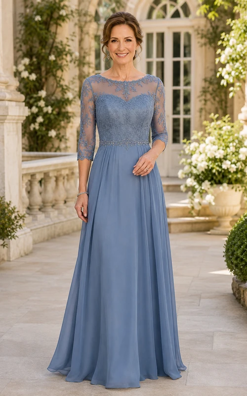 Stahlblaues A-Linien-Kleid aus Chiffon mit Spitze und Illusionseffekt für Mütter