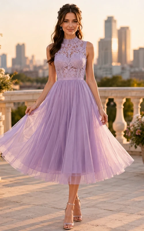 Lavender Tulle V-Neck Sleeveless A-Line Tea-Length Cocktail Dress