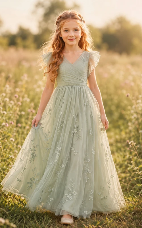 Tüll-Blumenmädchenkleid mit Puffärmeln