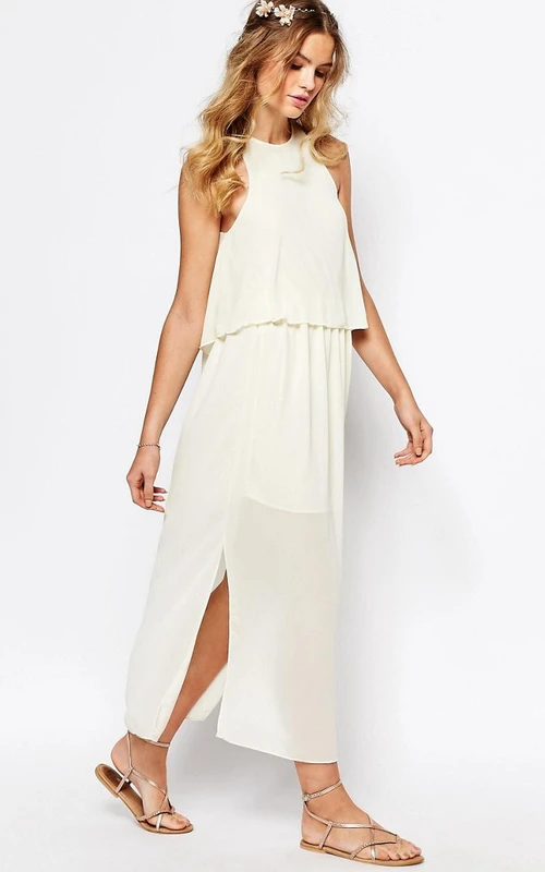 Tea-Length Pleated High Neck Sleeveless Chiffon Bridesmaid Dress With Split