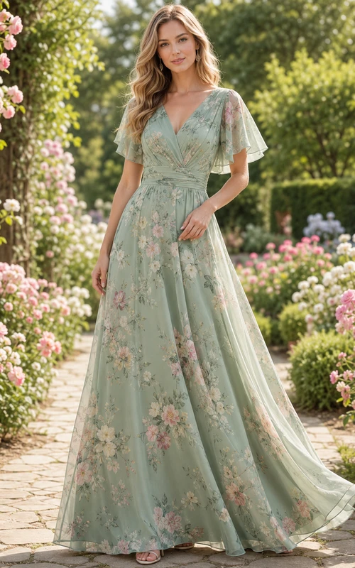 Sage Floral Garden A-Line Chiffon Bridesmaid Dress with V-Neck Flutter Sleeve Bodice, Floral Embroidered Floor-Length Skirt and Low V Back