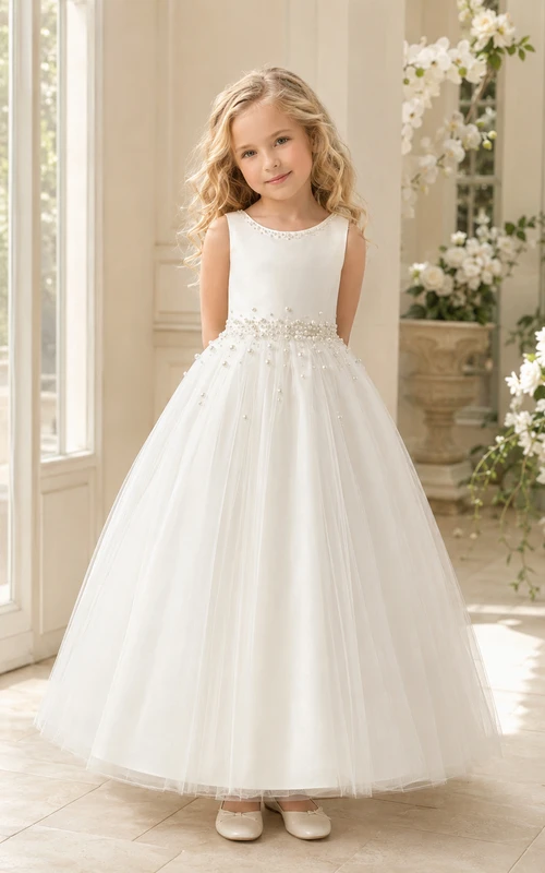 Flower Girl Dress Ivory Satin A-Line Jewel Neck Tea Length Bow Detail